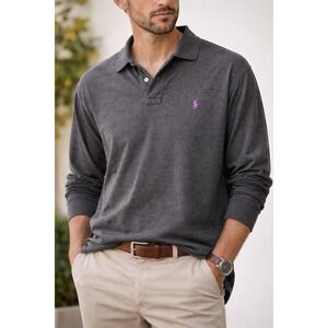 Polo Ralph Lauren Long Sleeve Polo Shirt Gray Purple Pony Logo Men's XXL 2XL